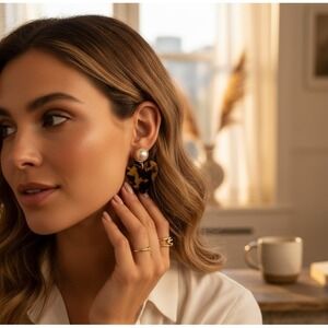 Animal Print Heart Shaped Acrylic Earrings With Pearl Stud EUC